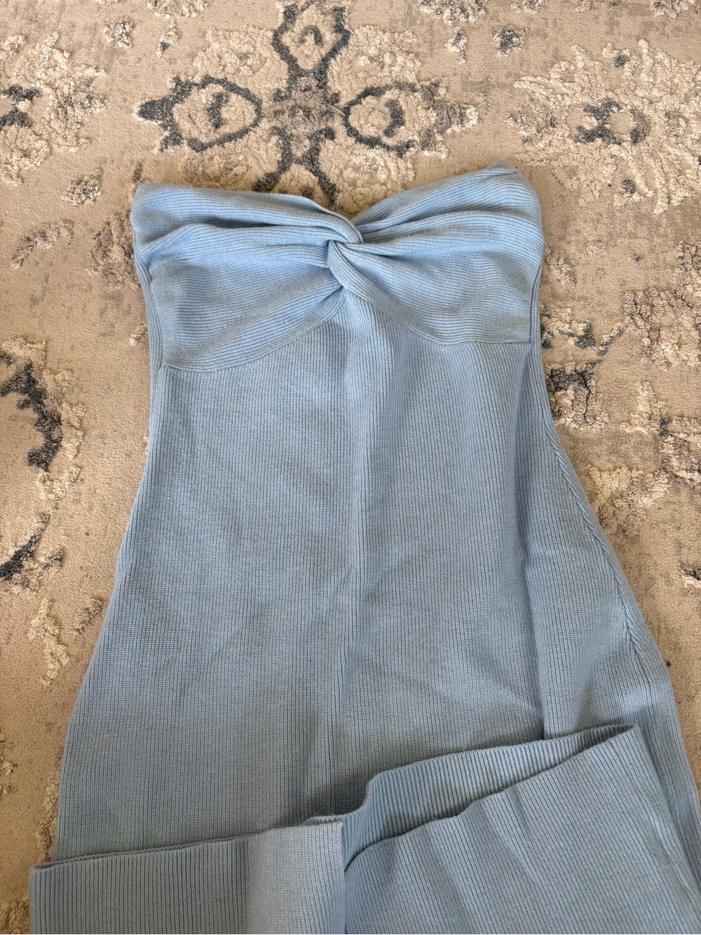 Light Blue Strapless Twist-Front Ribbed Dress